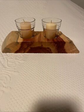 Natural Cedar Wood Double Votive Candle Holder - Unbranded, Brown